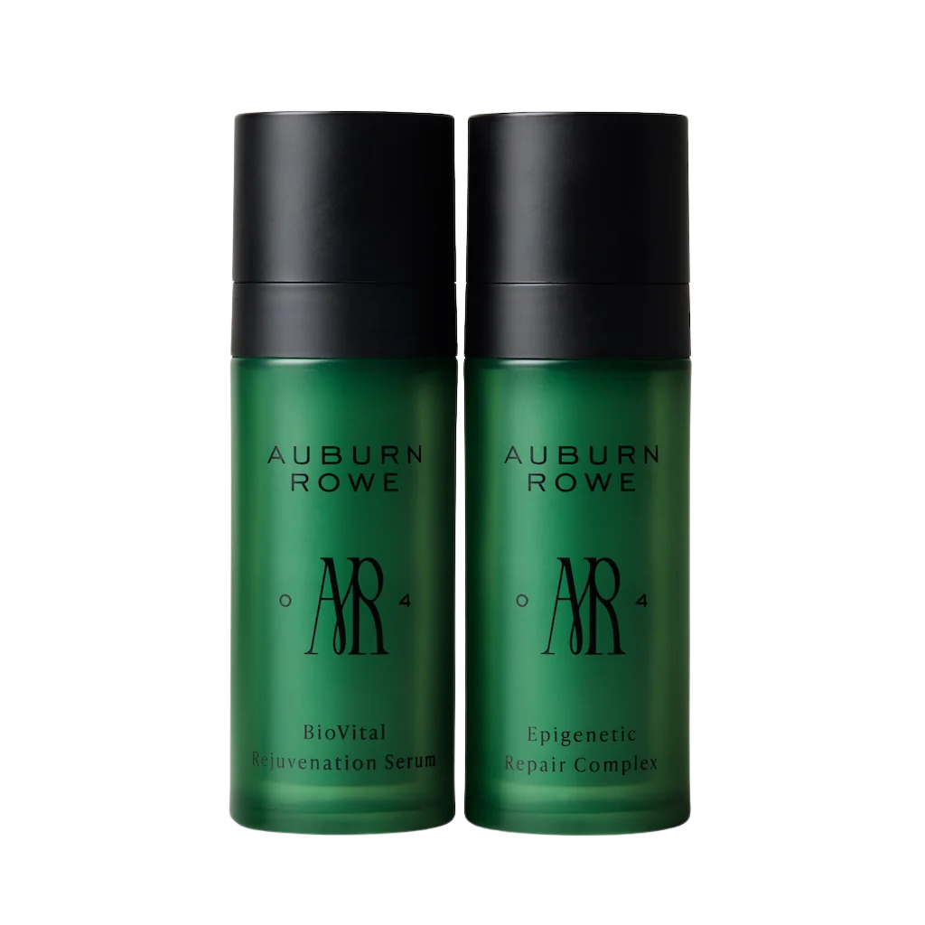 Two green bottles of Auburn Rowe serum with black caps on a white background
