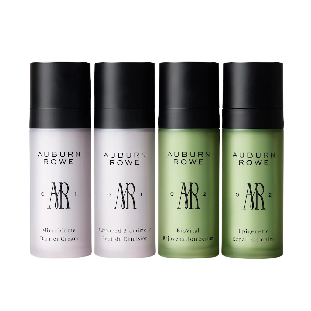 Four bottles of Auburn Rowe skincare products on a white background