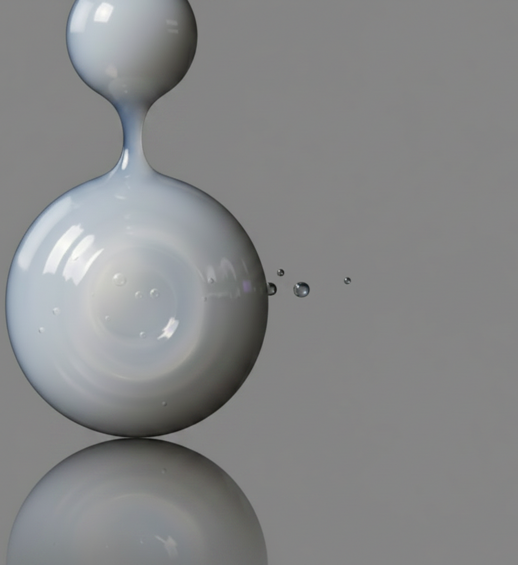 Gray droplet of liquid on a reflective surface with a gray background