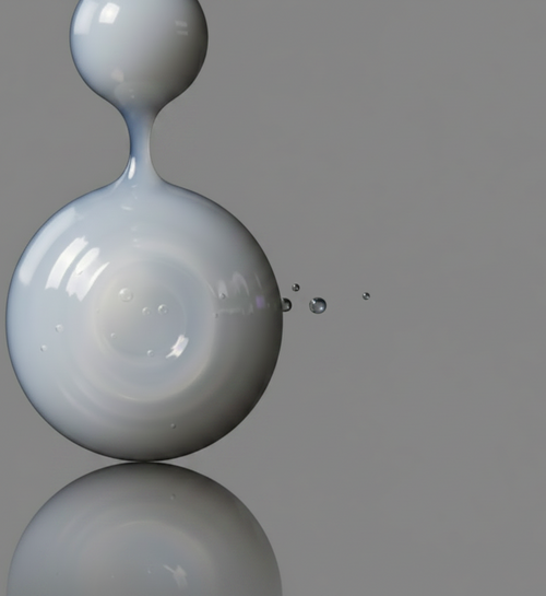 Gray droplet of liquid on a reflective surface with a gray background