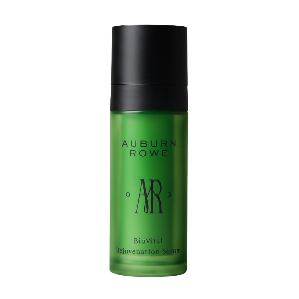 Green serum bottle with black cap on a white background, featuring the brand 'Auburn Rowe'.