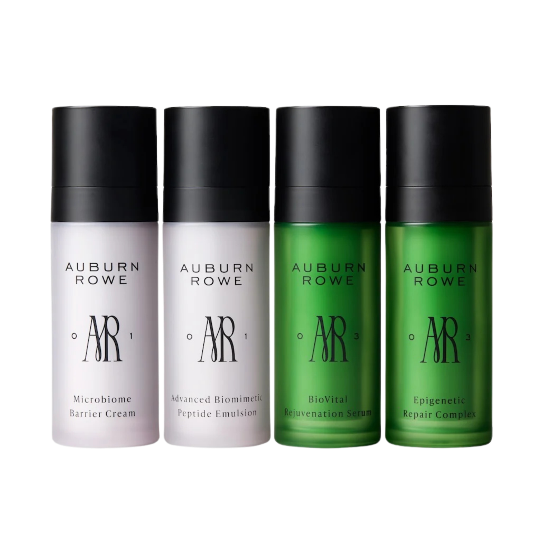 Four bottles of Auburn Rowe skincare products on a white background
