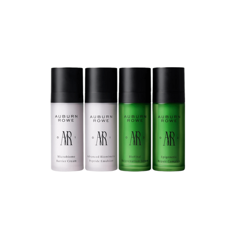 Four bottles of Auburn Rowe skincare products on a white background