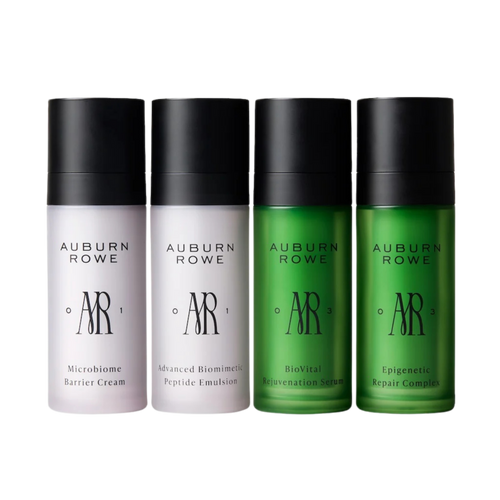 Four bottles of Auburn Rowe skincare products on a white background