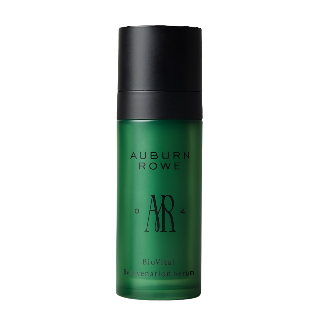 Green skincare serum bottle with black cap on a white background, featuring the brand 'Auburn Rowe'.