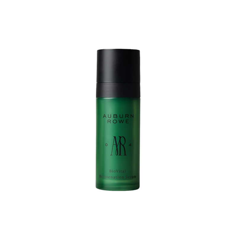 Green skincare serum bottle with black cap on a white background, featuring the brand 'Auburn Rowe'.