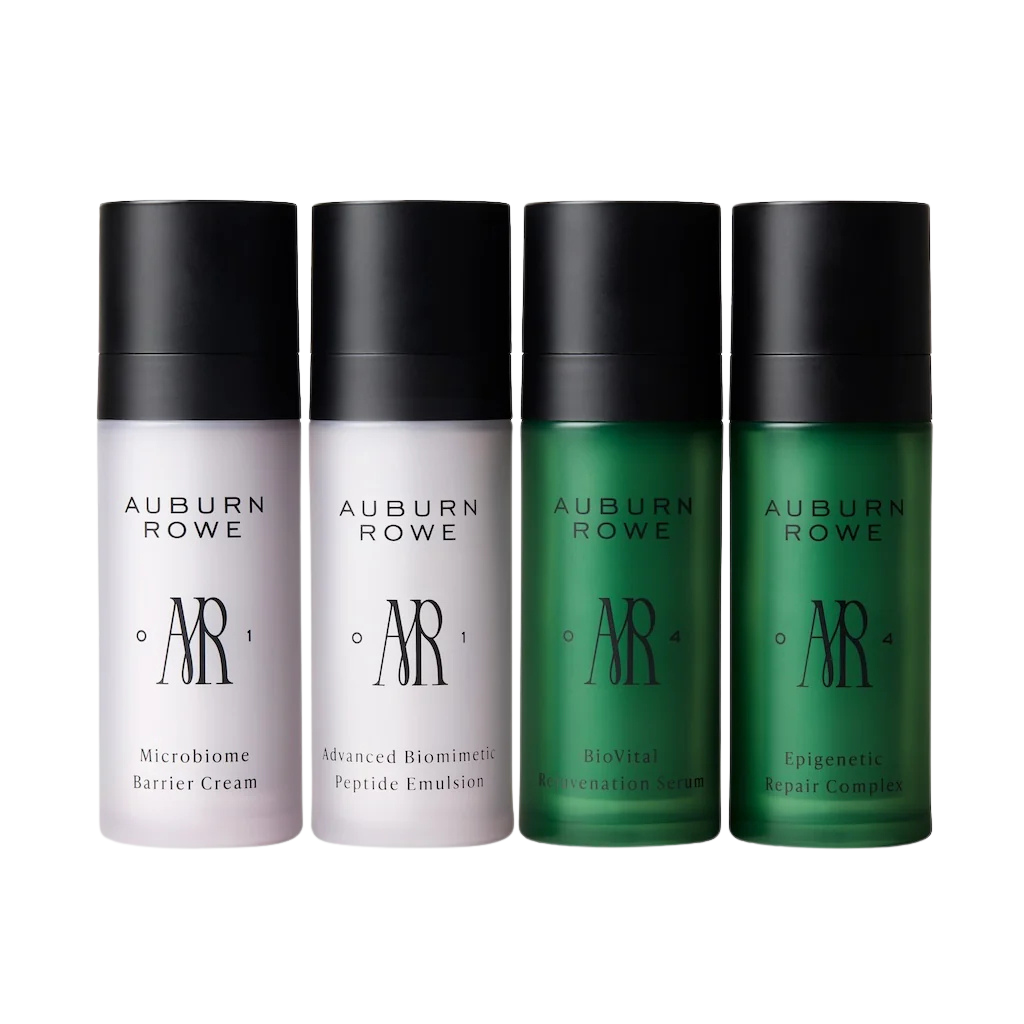 Four bottles of Auburn Rowe skincare products on a white background