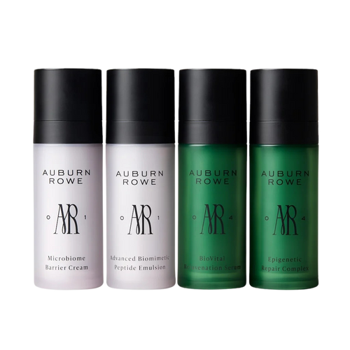 Four bottles of Auburn Rowe skincare products on a white background