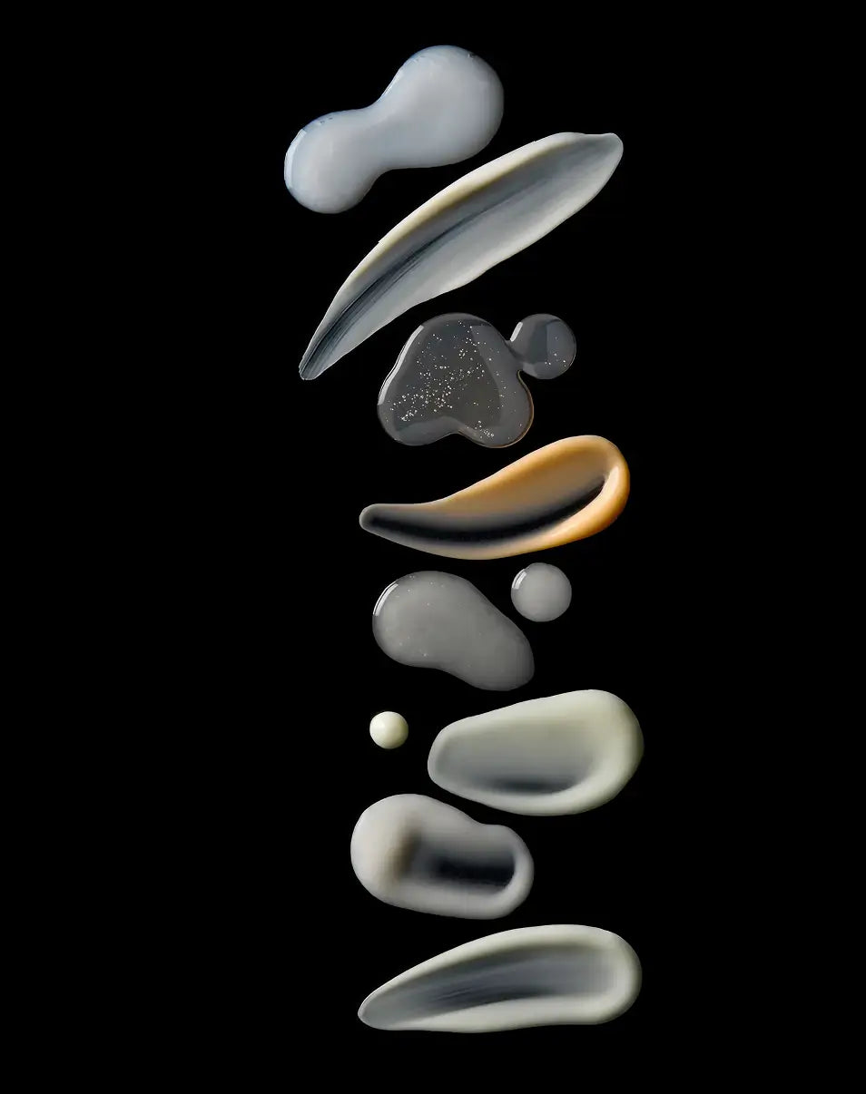 various gel textures arranged vertically on a black background