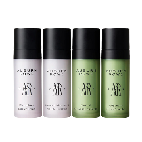 Four bottles of Auburn Rowe skincare products on a white background